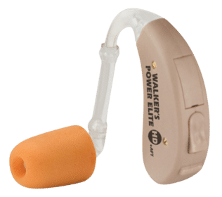 Walker’s Game Ear HD Power Elite Hearing Aid features a water repellant coating and beige color
